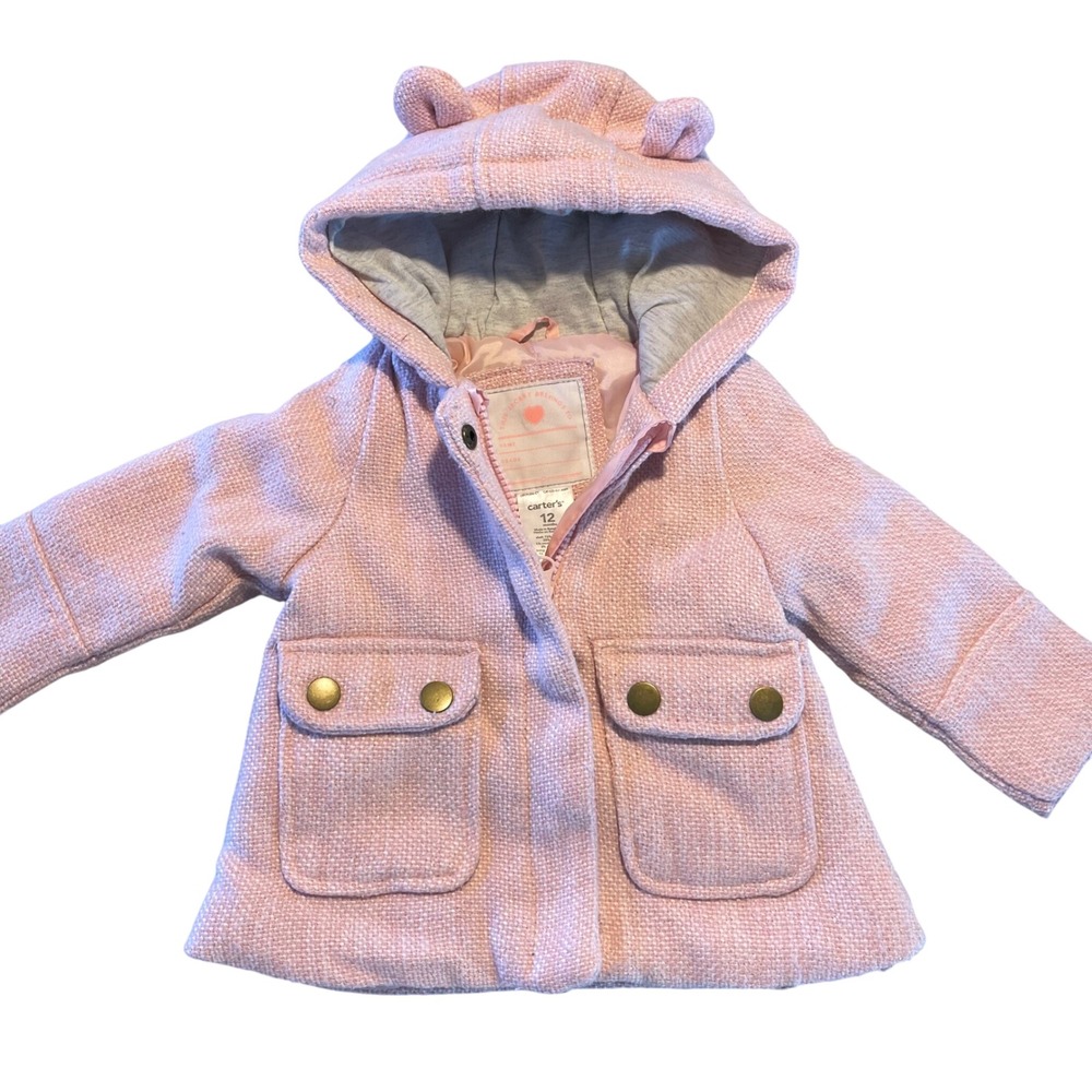 Baby Girls Carter's Pink Tweed Hooded Coat Jacket 12 Months Bear‎ Ears